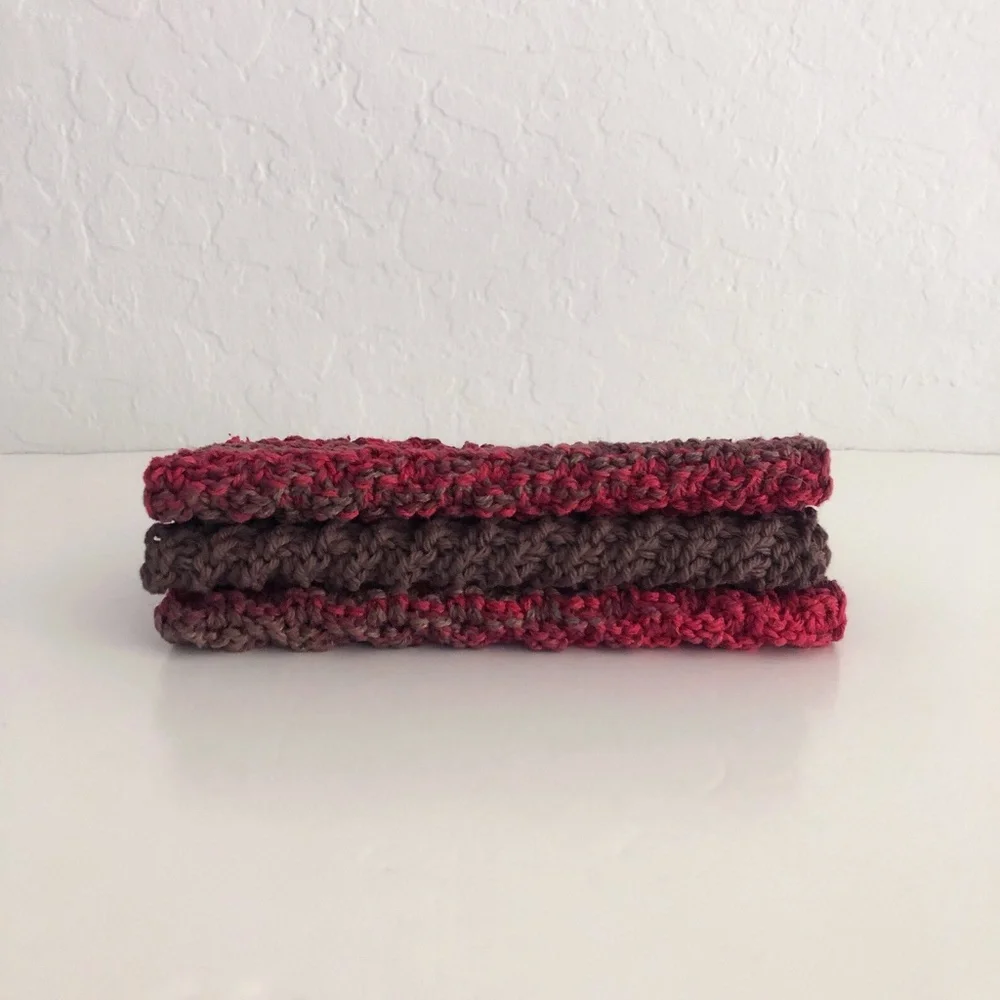 Set of 3 100% cotton hand knit washcloths - red and brown